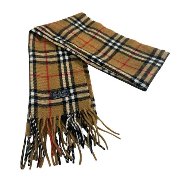 Burberrys Men's Classic Tan Navy Red Plaid Lambswool Wool Scarf - Picture 1 of 7
